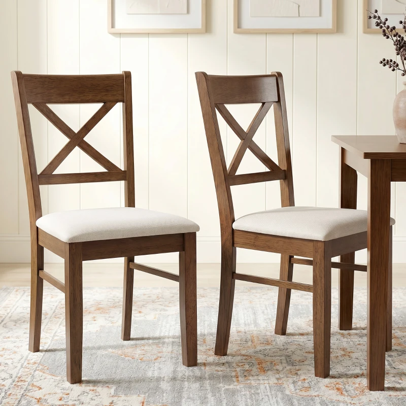 HOMCOM Dining Chairs Set of 2, Upholstered Kitchen Chairs with Rubberwood Frame, Padded Seat and X-Back, Walnut