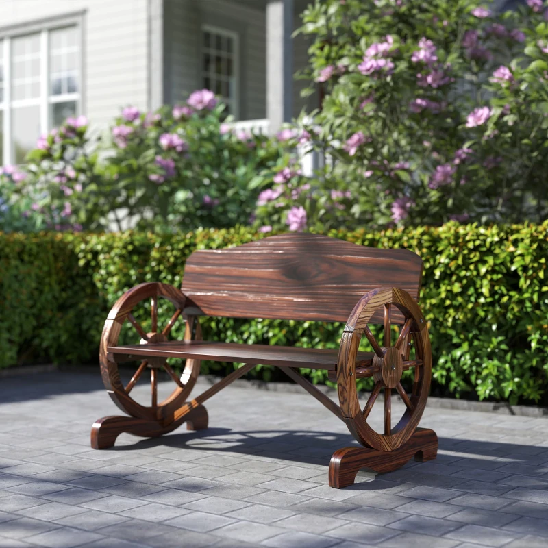 Outsunny Wooden Outdoor Bench, Garden Patio Loveseat with Wagon Wheel Armrests, 528LBS Capacity, Carbonized
