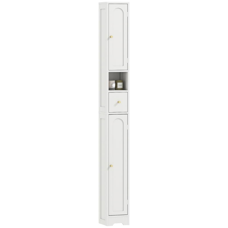 HOMCOM Tall Bathroom Cabinet, Modern Slim Bathroom Storage with Arched Doors, Drawer and Open Shelf, Narrow Storage, White