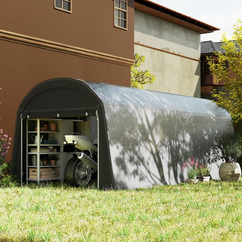 Outsunny 10' x 20' Portable Shed, Motorcycle Bike Tent with Roll-up Door, Galvanised Steel Frame for Garden Tools, Dark Grey