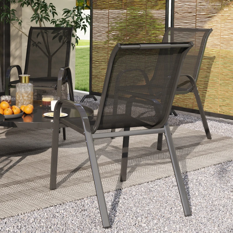 Outsunny Set of 4 Outdoor Dining Chairs, Stackable Lawn Chairs with High Back, Breathable Mesh Seat for Garden Porch, Black