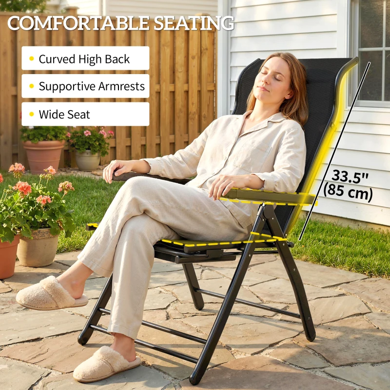 Outsunny Folding Patio Chairs Set of 2, 5-Position Outdoor Lounge Chairs with High Back, Retractable Footrest, Black