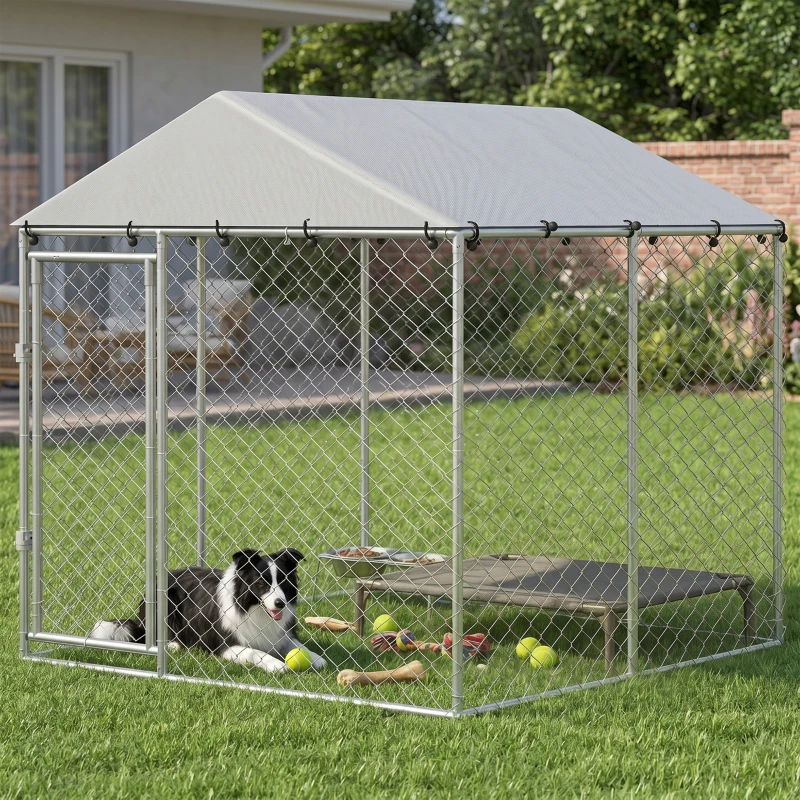 PawHut 6.6' x 6.6' x 6.6' Outdoor Dog Kennel Heavy Duty Galvanized Steel with UV-resistant Roof, Silver