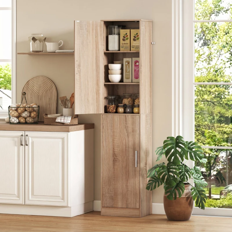 HOMCOM Tall Bathroom Cabinet, Slim 6-Tier Bathroom Floor Cabinet with 2 Doors and 4 Adjustable Shelves, Natural Wood