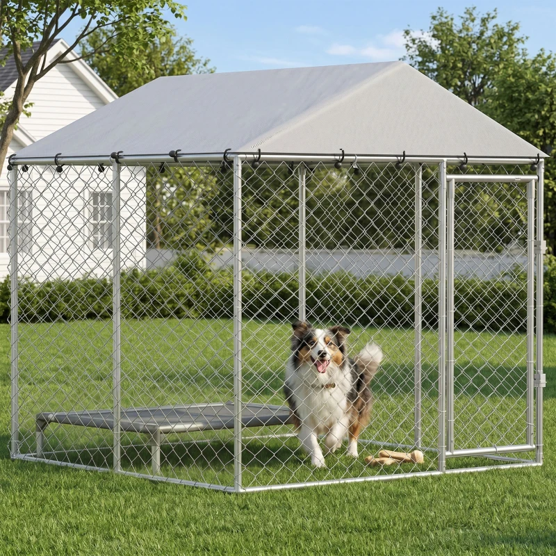 PawHut 6.6' x 6.6' x 6.6' Outdoor Dog Kennel Heavy Duty Galvanized Steel with UV-resistant Roof, Silver