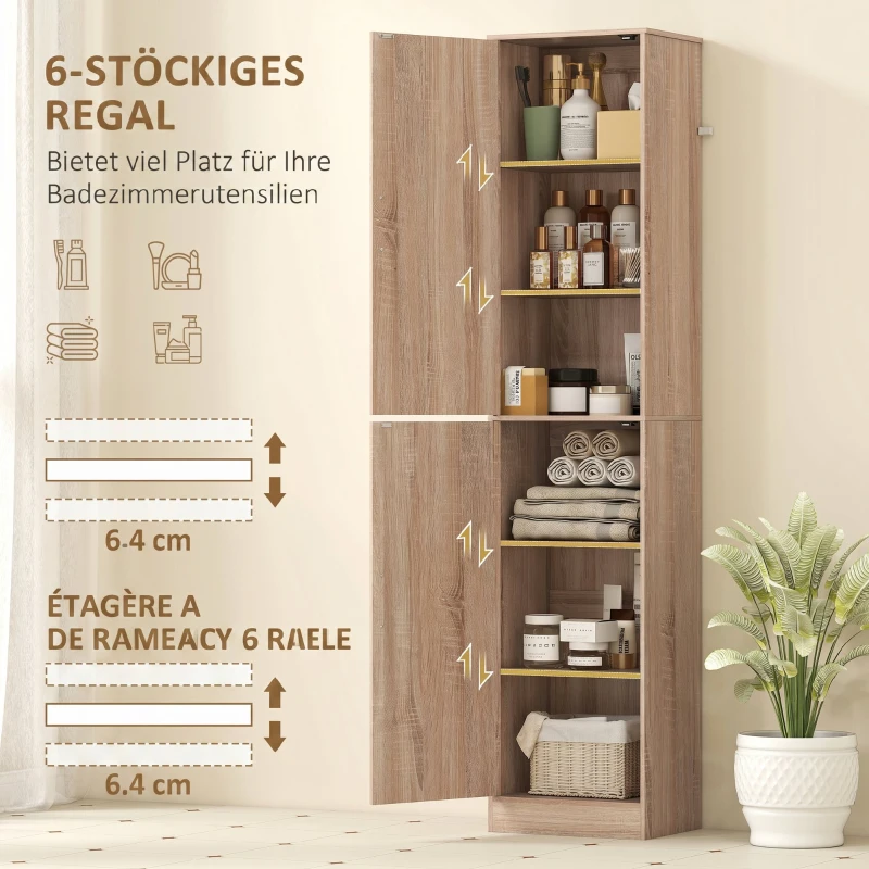 HOMCOM Tall Bathroom Cabinet, Slim 6-Tier Bathroom Floor Cabinet with 2 Doors and 4 Adjustable Shelves, Natural Wood