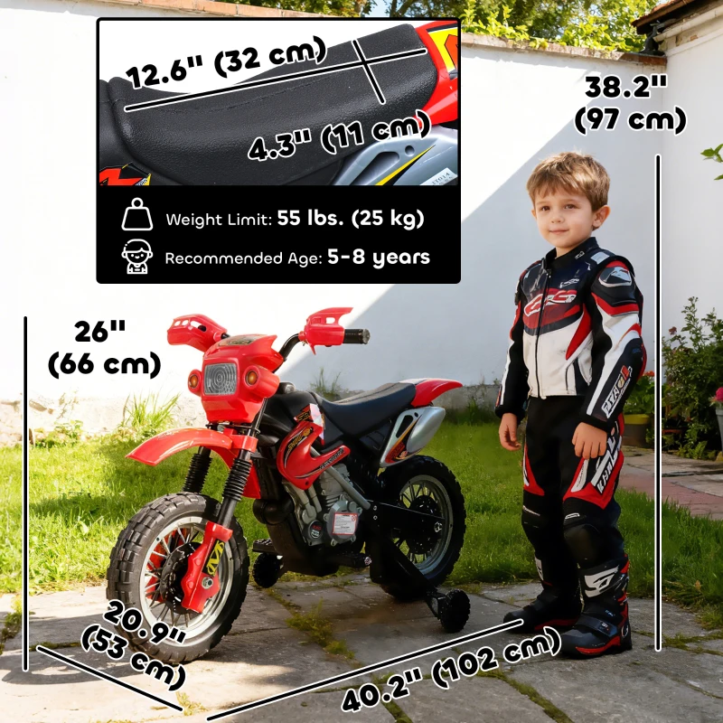Aosom 6V Kid Electric Ride On Motorcycle Powered Dirt Bike Battery Scooter For 3-6 Year Old Kids Toddlers W/ Training Wheels Red