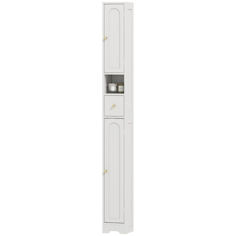 HOMCOM Tall Bathroom Cabinet, Modern Slim Bathroom Storage with Arched Doors, Drawer and Open Shelf, Narrow Storage, White