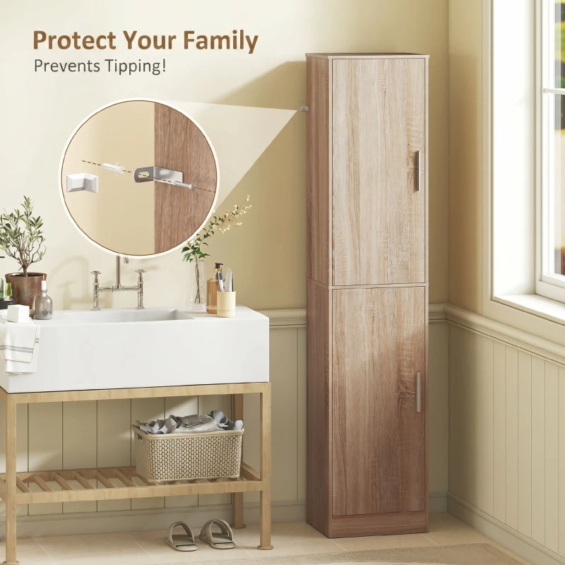 HOMCOM Tall Bathroom Cabinet, Slim 6-Tier Bathroom Floor Cabinet with 2 Doors and 4 Adjustable Shelves, Natural Wood