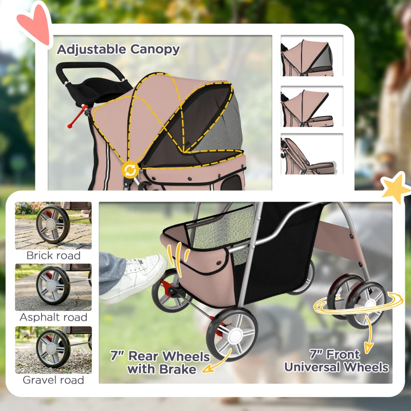 PawHut Pet Stroller for Dogs & Cats, Foldable Dog Stroller with Wheels, Reflective Strips, Brake, Pad and Basket, Coffee