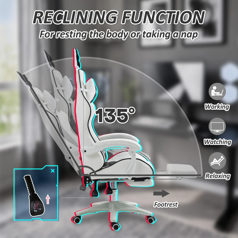 HOMCOM Cute Racing Gamer Chair, PU Leather Gaming Chair with Footrest, Headrest and Lumbar Support, Black