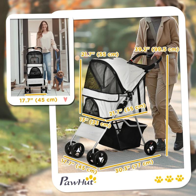PawHut Cat Dog Stroller, One-click Foldable Pet Stroller w/Cup Holder, 4 Wheels Travel Carrier w/Brakes, 360° Swiveling Front Wheels, Storage Basket, for XS/Small Dogs Cats, Grey