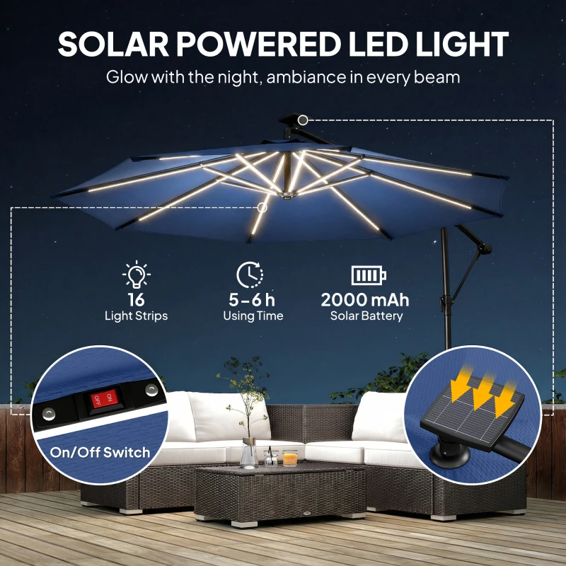 Outsunny 10 ft Offset Patio Umbrella with Solar Light, Garden Hanging Parasol with 360° Rotation, Tilt, Cover, Navy Blue
