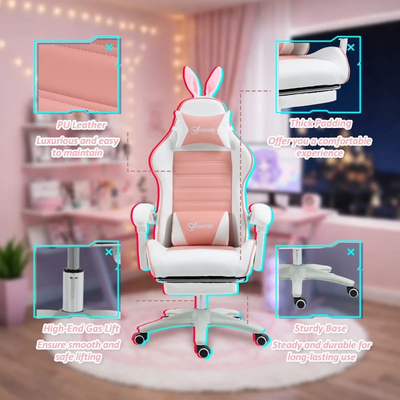HOMCOM Cute Racing Gamer Chair, PU Leather Gaming Chair with Footrest, Headrest and Lumbar Support, Pink