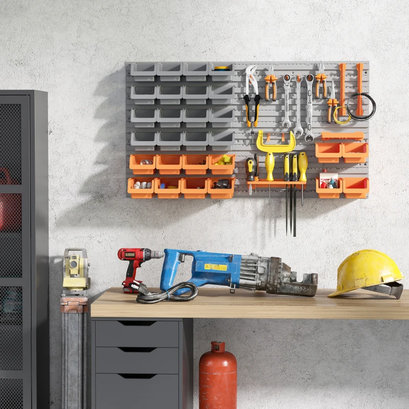 DURHAND 44 PCS Wall Mounted Pegboard Tool Organizer Rack Kit with Various Sized Storage Bins, Pegboard and Hooks, Orange