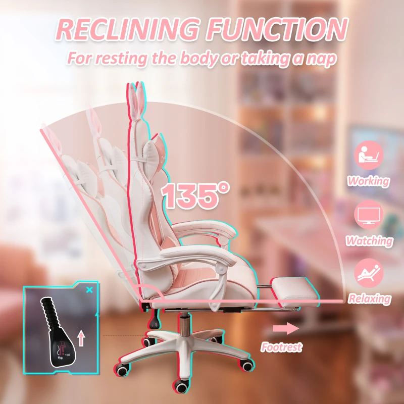 HOMCOM Cute Racing Gamer Chair, PU Leather Gaming Chair with Footrest, Headrest and Lumbar Support, Pink