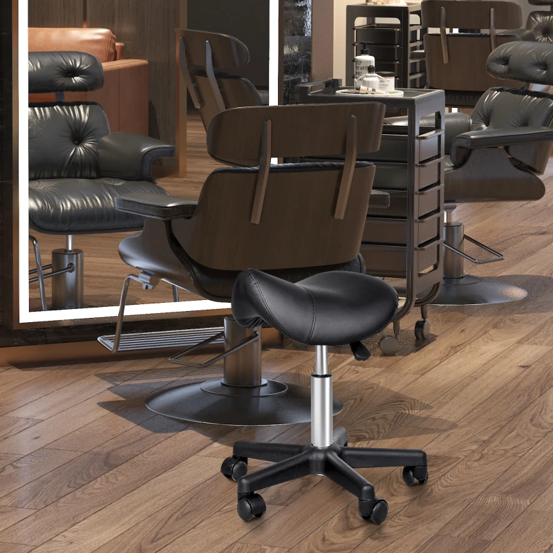 HOMCOM Saddle Stool, PU Leather Rolling Stool with Wheels, Adjustable Salon Chair for Kitchen, Salon Spa, Bar, Home Office, Massage, Black