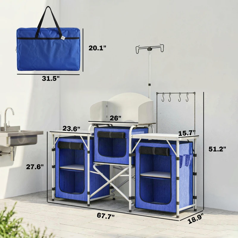 Outsunny Aluminum Camping Kitchen, Portable Folding Camping Table with Fabric Cupboards, Windshield, Bag for BBQ, Picnic, Blue