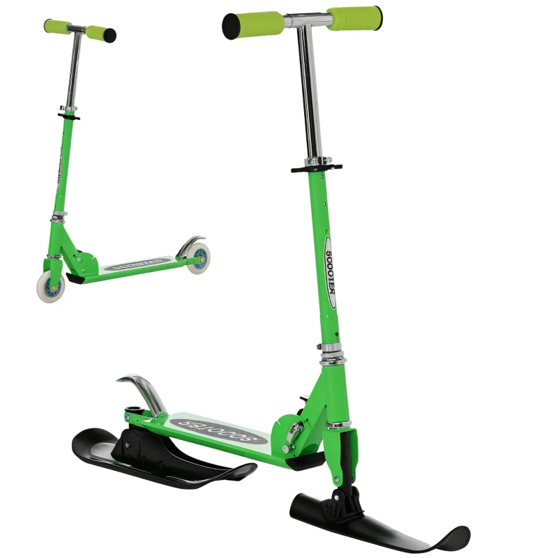Qaba Snow Scooter, 2 in 1 Design Adjustable Height Scooter Snow Sled for Kids Aged Over 7 Years Old, Foldable Kids Sled Ski Scooter with Wheels Blades, Green