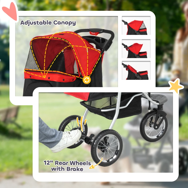 PawHut Pet Stroller for Small Dogs, 3 Rubber Wheels Pet Jogger, One-click Easy Folding All-Terrain Dog Stroller, Adjustable Canopy, Zippered Mesh Window Door, Storage Basket, Red