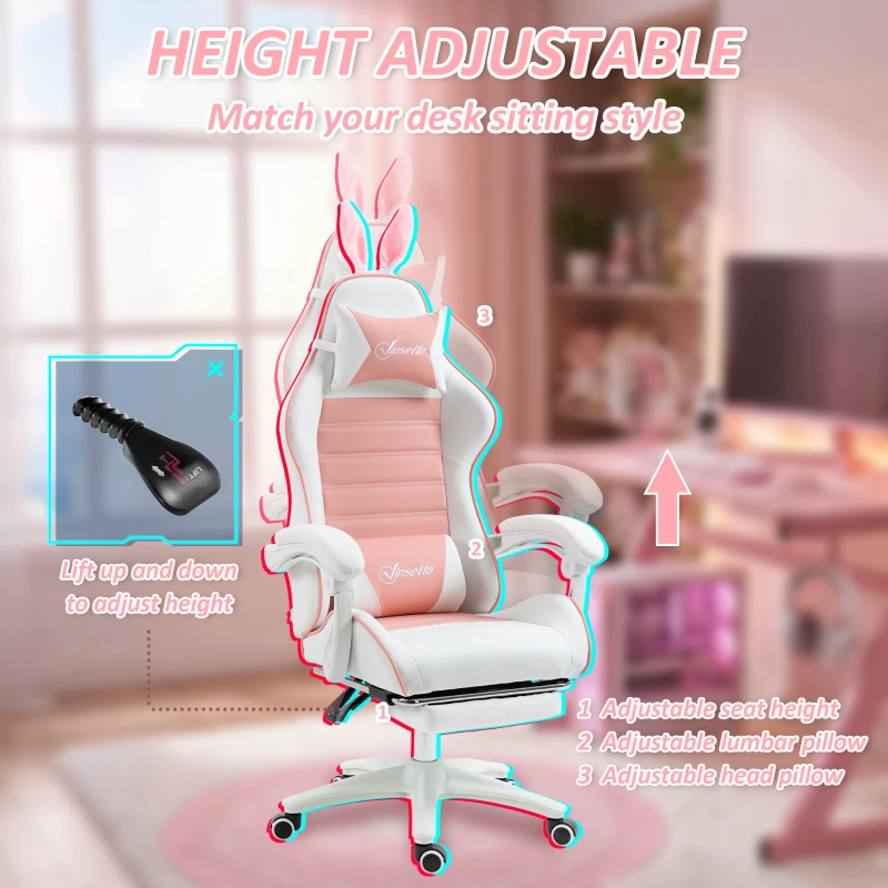 HOMCOM Cute Racing Gamer Chair, PU Leather Gaming Chair with Footrest, Headrest and Lumbar Support, Pink