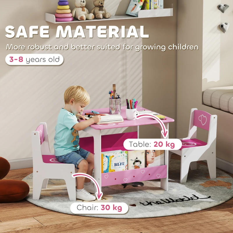 Qaba 3 Pieces Kids Table and Chair Set with Bookshelves, for Classroom, Home, Nursery, Playroom, for Read, Draw, Art, Pink