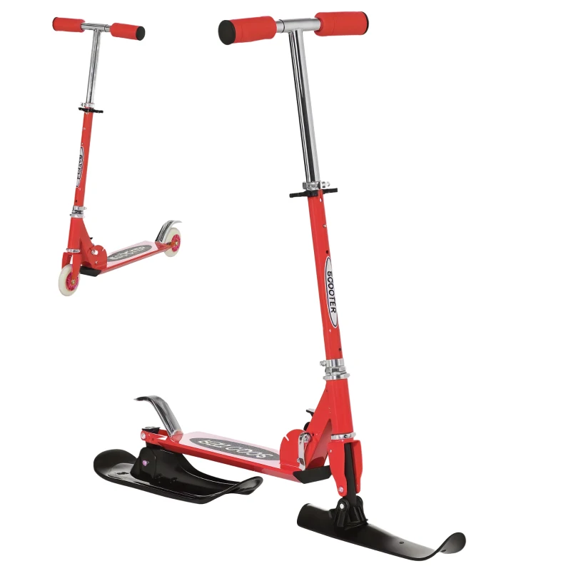 Qaba Snow Scooter, 2 in 1 Design Adjustable Height Scooter Snow Sled for Kids Aged Over 7 Years Old, Foldable Kids Sled Ski Scooter with Wheels Blades, Red