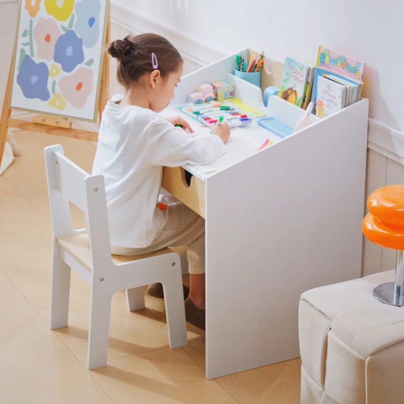Qaba 2 Pieces Kids Desk and Chair Set with Storage Pull-Out Drawer for 6-10 Years, Writing, Reading, Drawing