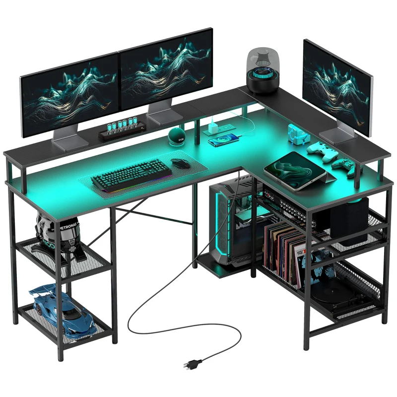 HOMCOM 59" L Shaped Desk with Storage, Corner Desk with LED Lights and Power Outlets for Home Office, Small Space, Black