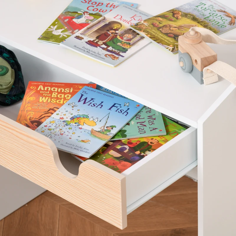 Qaba 2 Pieces Kids Desk and Chair Set with Storage Pull-Out Drawer for 6-10 Years, Writing, Reading, Drawing