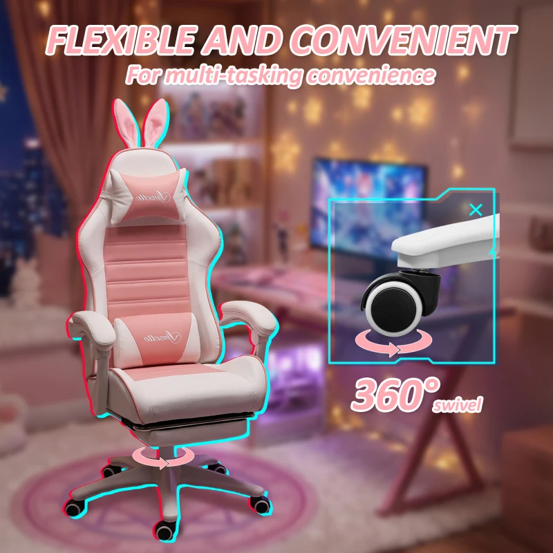 HOMCOM Cute Racing Gamer Chair, PU Leather Gaming Chair with Footrest, Headrest and Lumbar Support, Pink