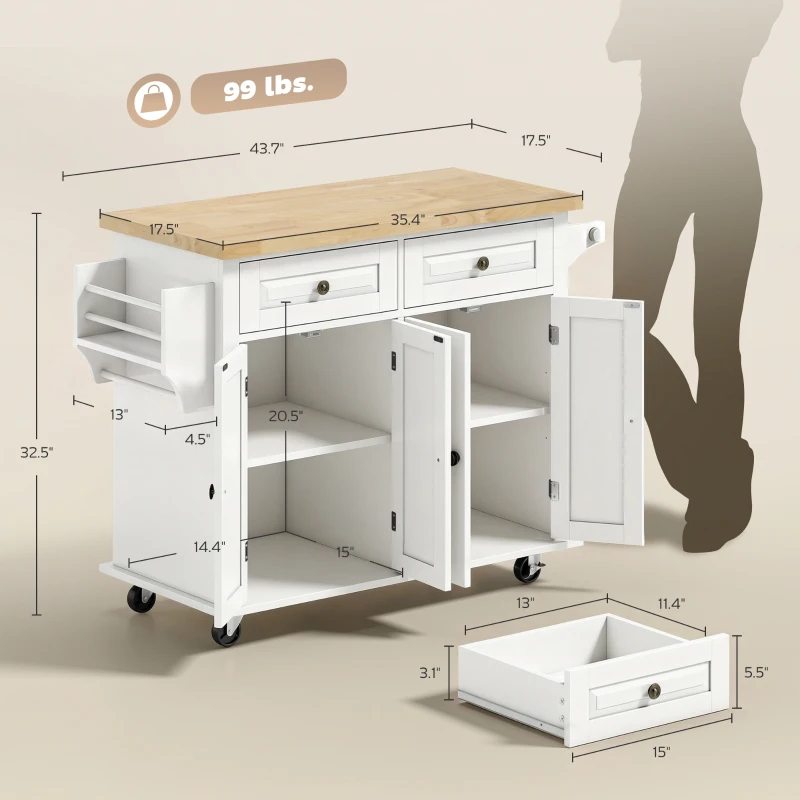 HOMCOM 44" Mobile Kitchen Island Table, Kitchen Island Cart on Wheels with Storage Cabinets, 2 Drawers, White