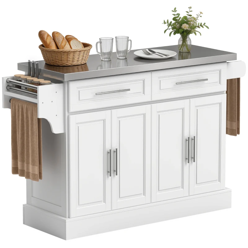 HOMCOM Rolling Kitchen Island with Storage and Stainless Steel Top, Kitchen Trolley with Drawers, Cabinets, Towel Rack