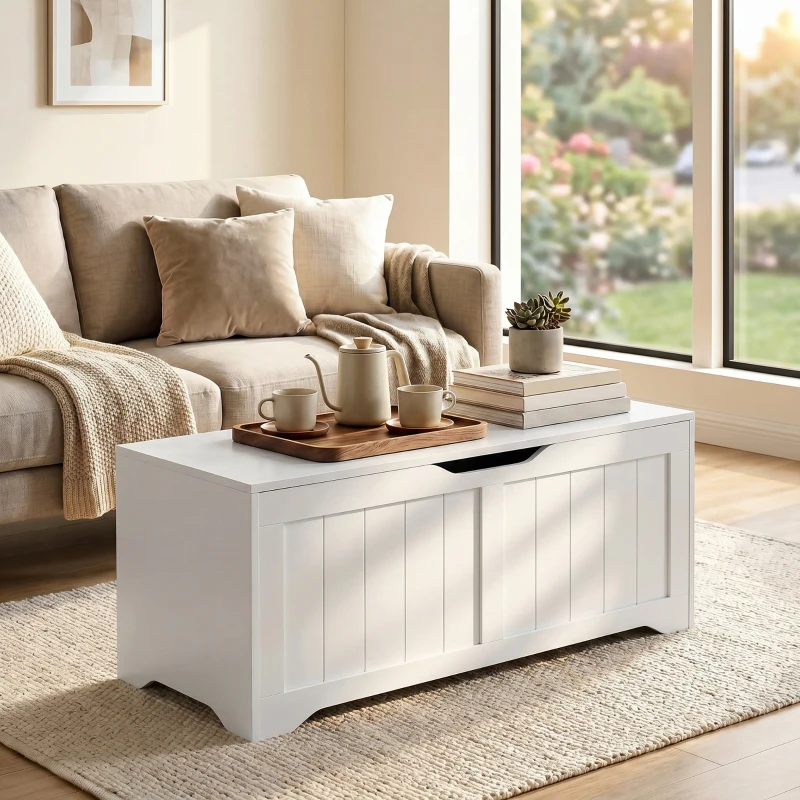 HOMCOM Storage Bench with Lift Top Storage Chest with Safety Hinges for Entryway, Living Room, White