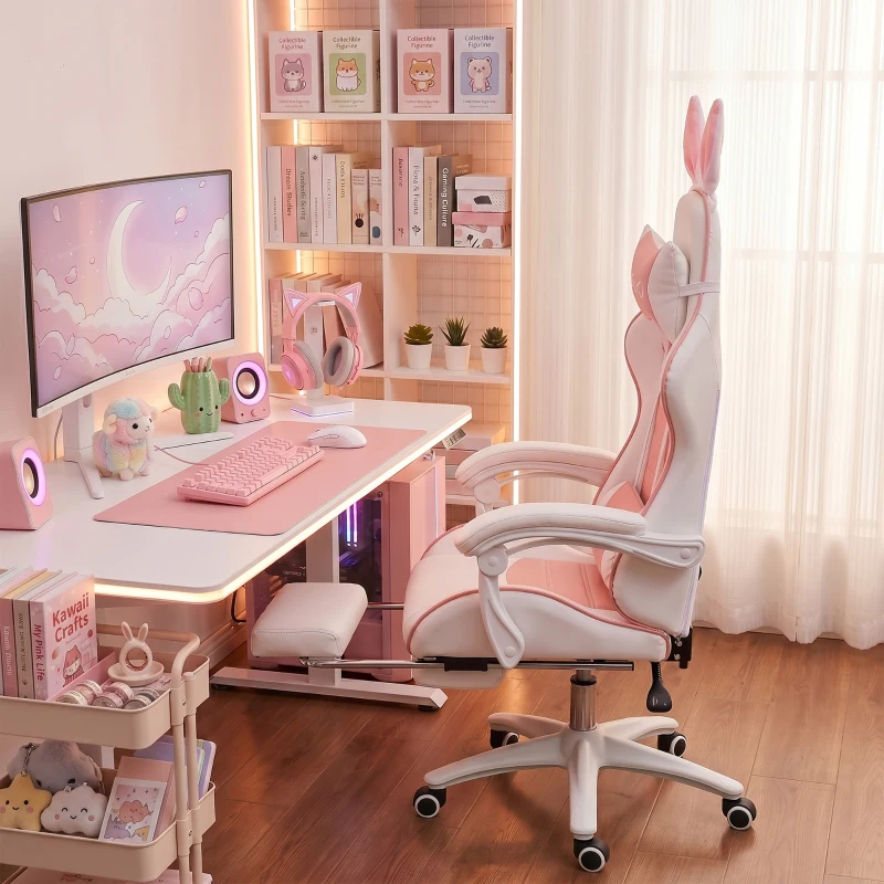 HOMCOM Cute Racing Gamer Chair, PU Leather Gaming Chair with Footrest, Headrest and Lumbar Support, Pink