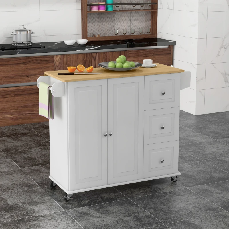 HOMCOM Kitchen Island on Wheels, Kitchen Cart with Drop Leaf, Drawers, White