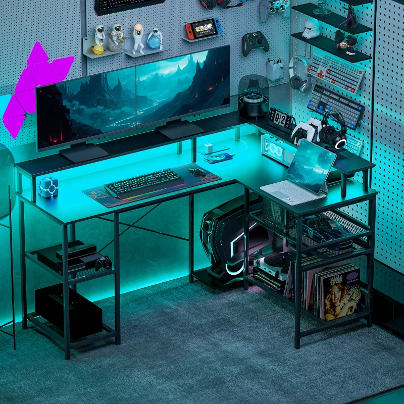 HOMCOM 59" L Shaped Desk with Storage, Corner Desk with LED Lights and Power Outlets for Home Office, Small Space, Black
