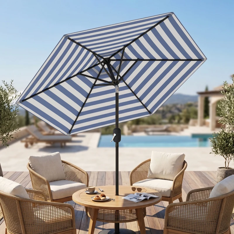 Outsunny Patio Sun Umbrella, Outdoor Parasol with 6 Ribs, Blue Stripes