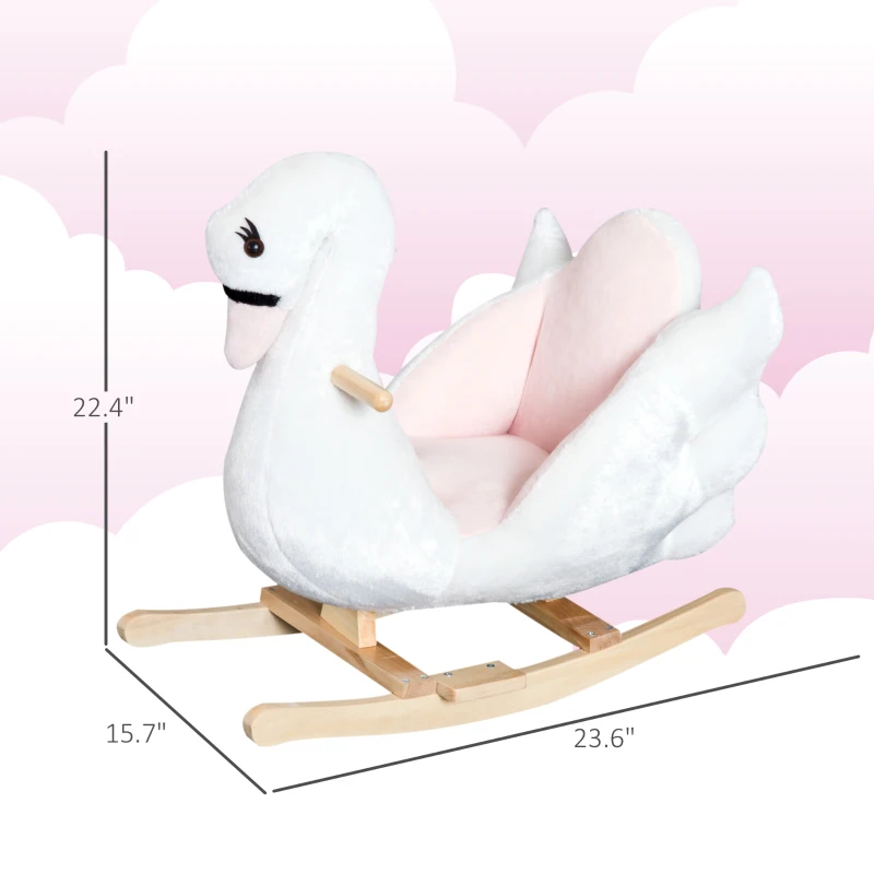 Qaba Kids Ride On Rocking Horse Plush Swan Style Toy with Music for Over 18 Months Children, White and Pink