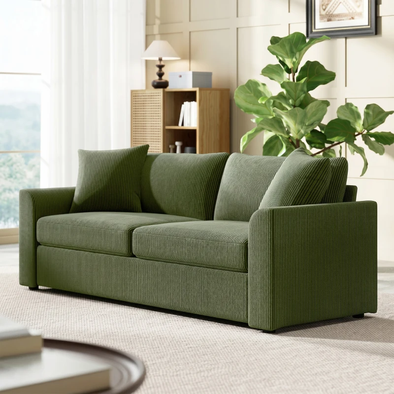 HOMCOM 3 Seater Sofa, 83.5" Modern Upholstered Couch with Pocket Spring and 2 Scatter Cushions for Living Room, Green