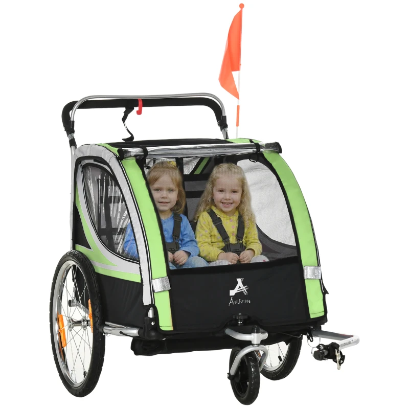 Aosom 2 Seat Bike Trailer for Kids 2-in-1 Double Baby Stroller with Handbrake, Rubber Wheels, 5 Point Harness, Waterproof Cover, Storage Bag, Reflectors, Green