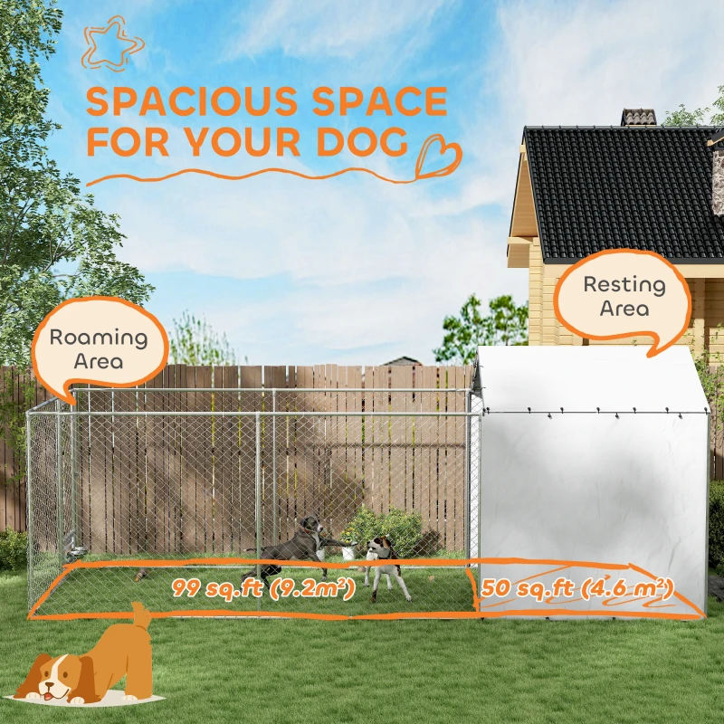 PawHut Galvanized Chain Link Large Outdoor Dog Kennel with Waterproof & UV-Resistant Cover, for M&L Dogs, 19.7' x 7.5' x 7.5'