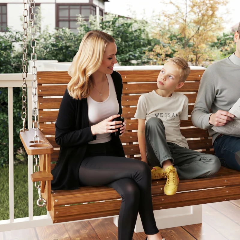 Outsunny 3-Seater Swing Bench, Wooden Porch Swing with Cupholders, Hanging Chains for Patio Garden, Carbonized