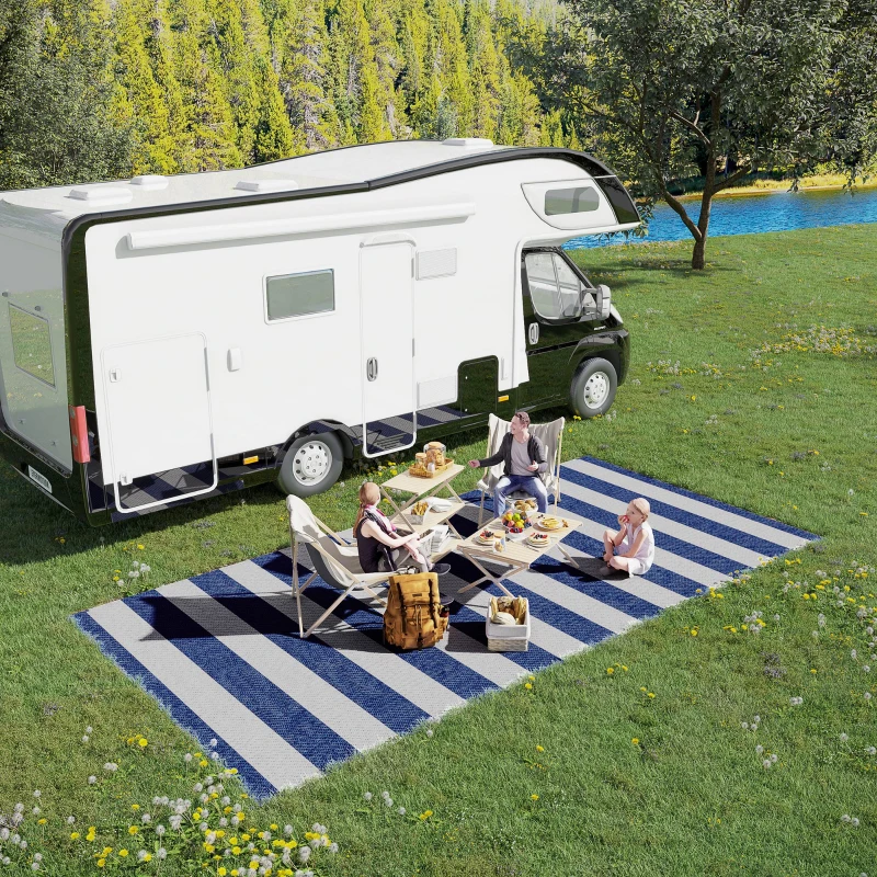 Outsunny Reversible Outdoor Rug, 9' x 18' Waterproof Plastic Straw Floor Mat, Portable RV Camping Carpet, Large Floor Mat for Backyard, Deck, Picnic, Beach, Blue & White Striped