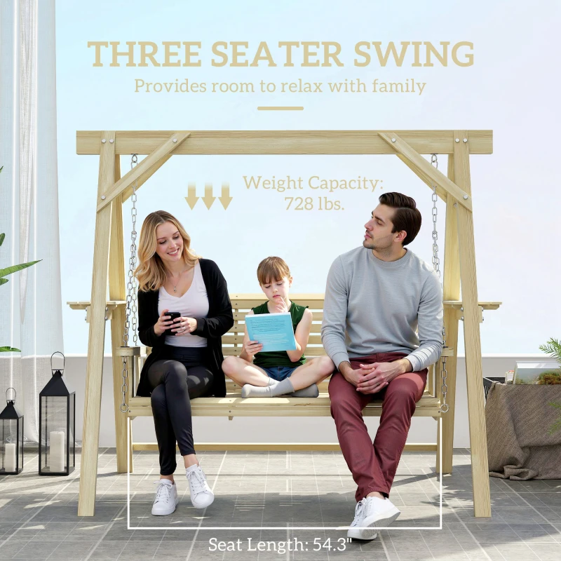 Outsunny 3 Seat Wooden Porch Swing with Stand, Patio Swing with Side Tables, for Garden, Poolside, Backyard, Natural Wood