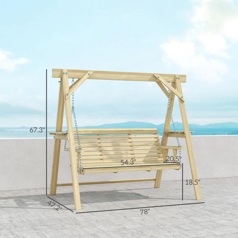 Outsunny 3 Seat Wooden Porch Swing with Stand, Patio Swing with Side Tables, for Garden, Poolside, Backyard, Natural Wood