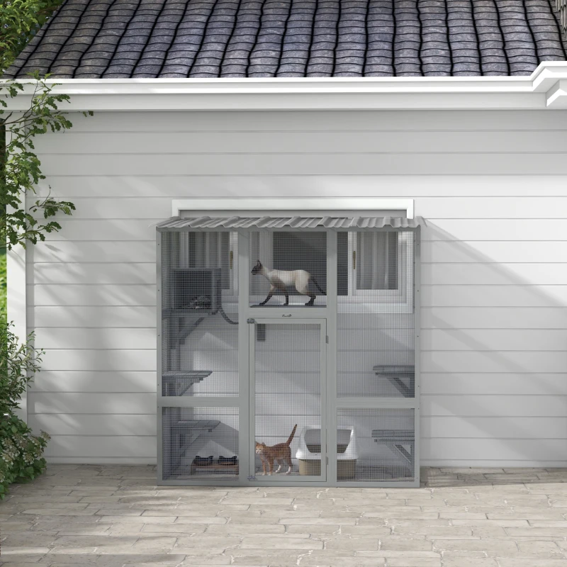 PawHut Catio Outdoor Cat Enclosure, Window Box Wooden Cat House with Bridge Platforms, Gray