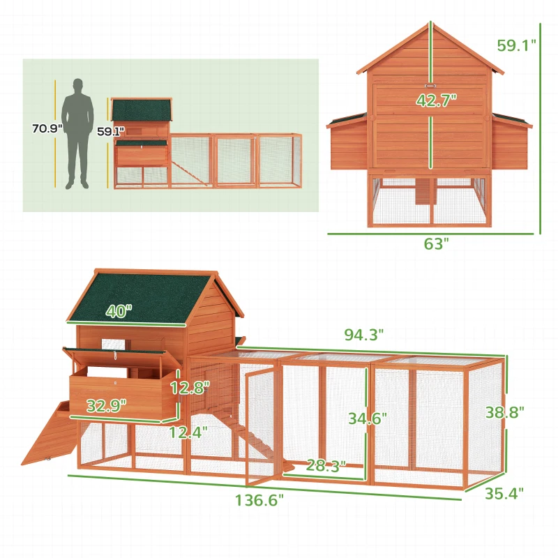PawHut 137" Wooden Chicken Coop for 4-6 Chickens, Backyard, Orange