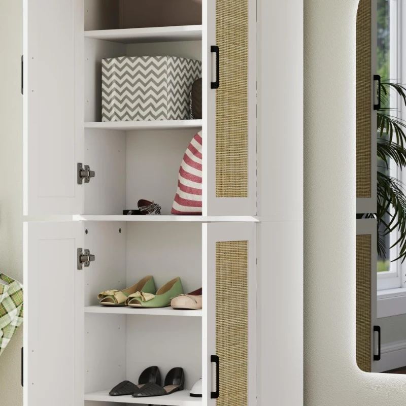 HOMCOM 67" Tall Kitchen Pantry, Freestanding Kitchen Storage Cabinet with 4 Rattan Doors and Adjustable Shelves, White