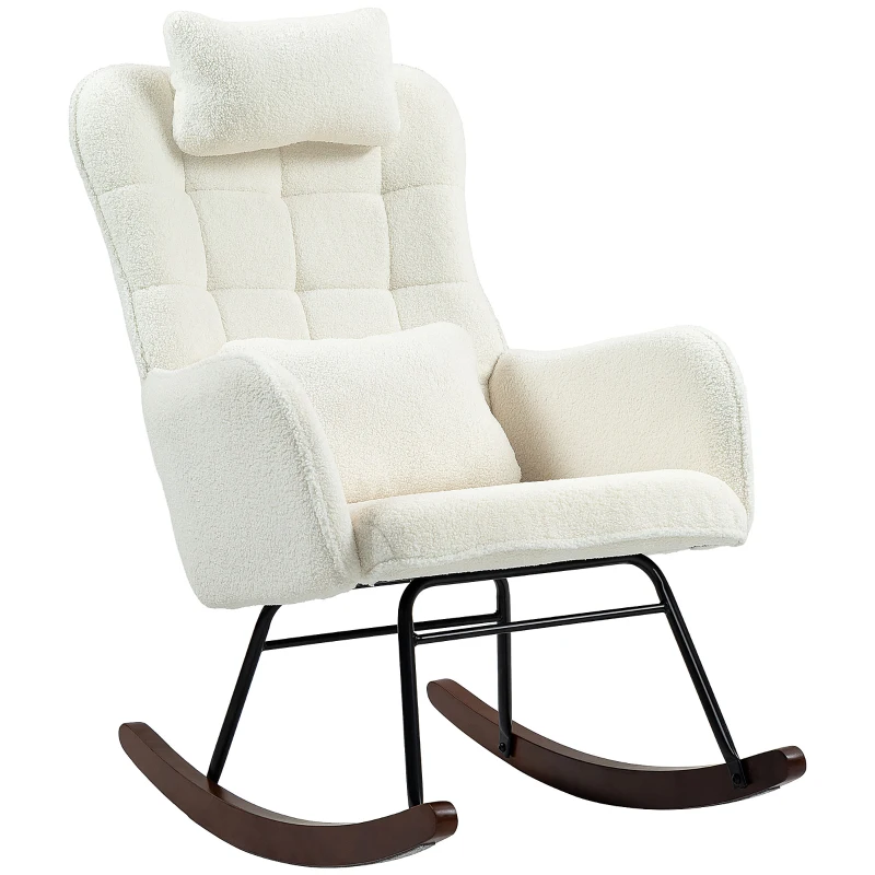 HOMCOM Nursery Rocking Chair with Headrest, Lumber Pillow, Nursing Chair with High Back for Living Room, Bedroom, Cream White